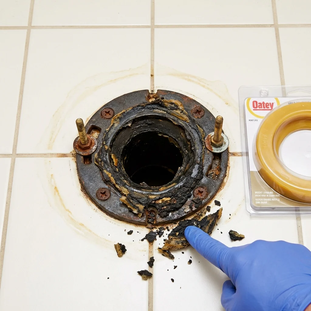 Failed wax ring showing water seepage at the base of a toilet in a Clifton, TX home