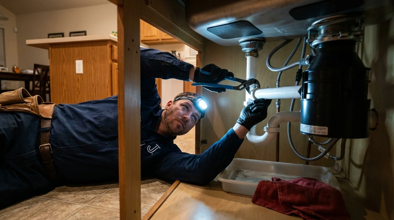 P-trap and supply line connections under a kitchen sink showing a common leak point in Clifton, TX